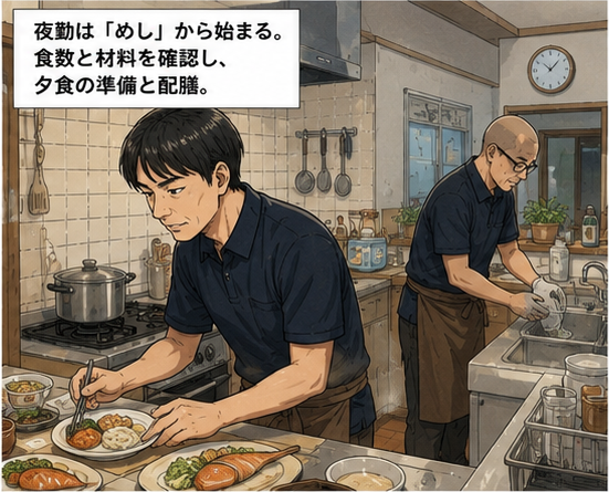 夜勤の食事の準備と配膳