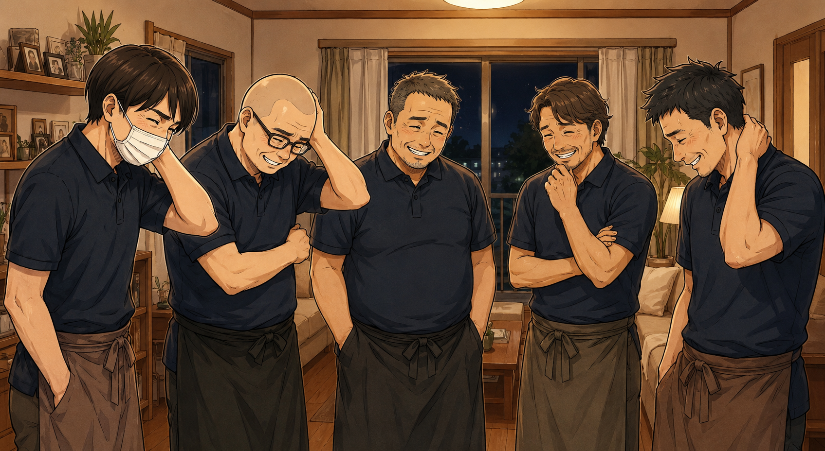 夜勤に集まる中年男性スタッフたち