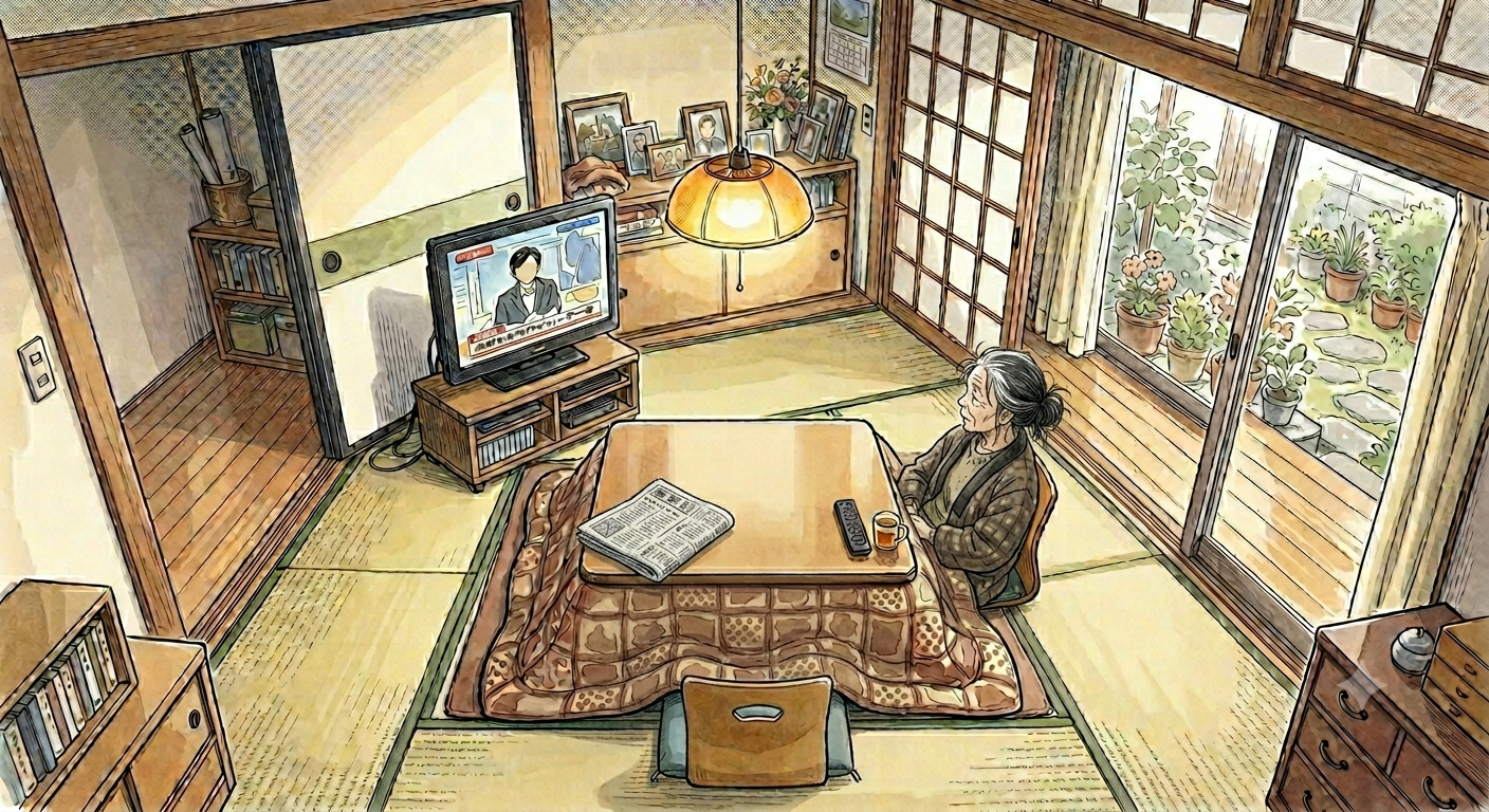 コタツに入りテレビを見る高齢女性