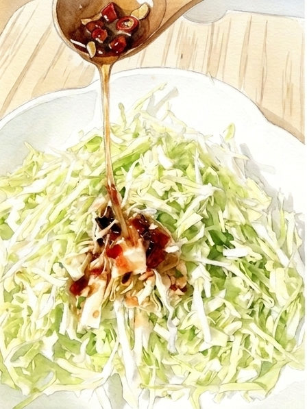 千切りキャベツにピエトロドレッシングをかけるところ