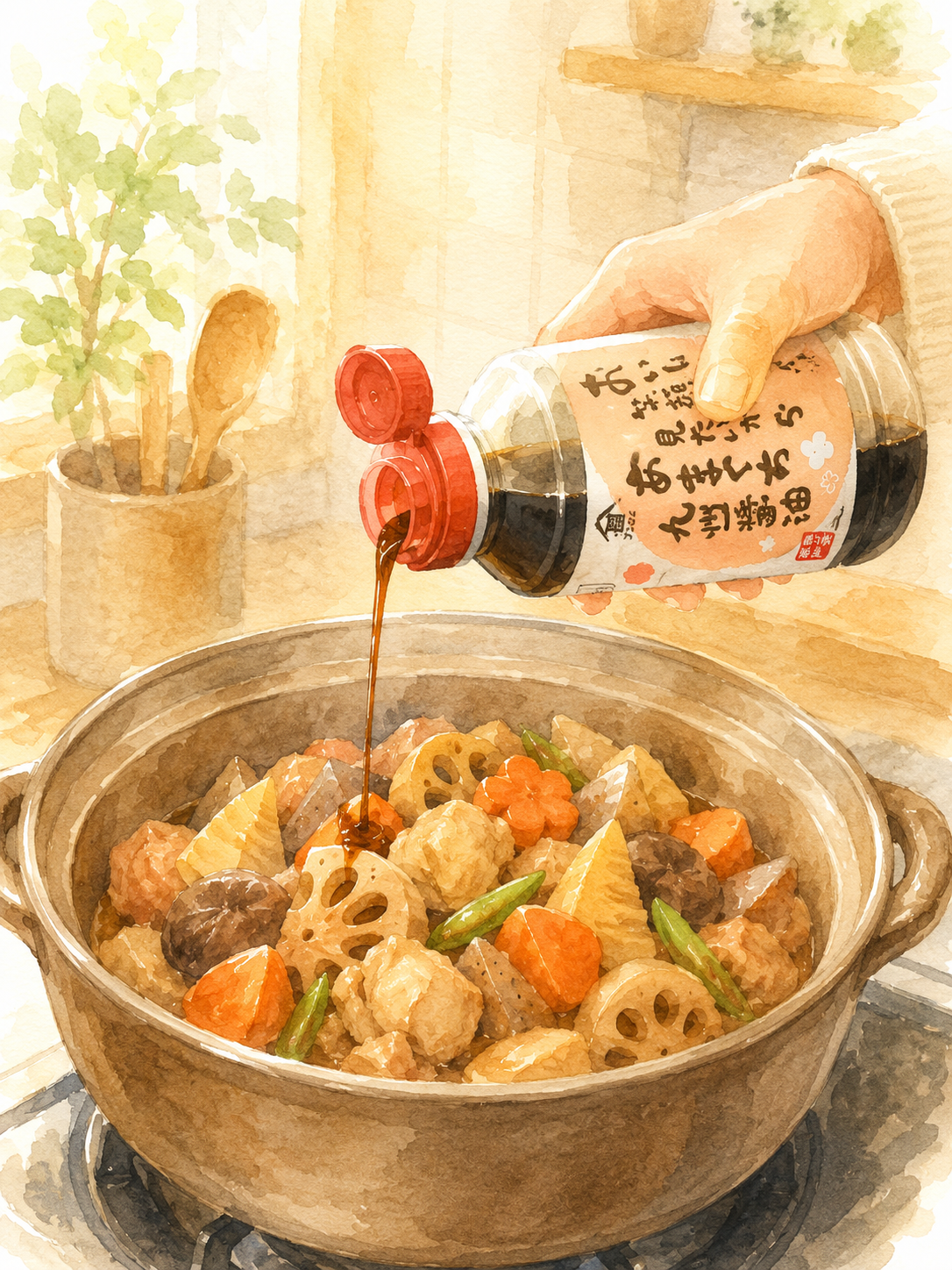 筑前煮に醤油をかける