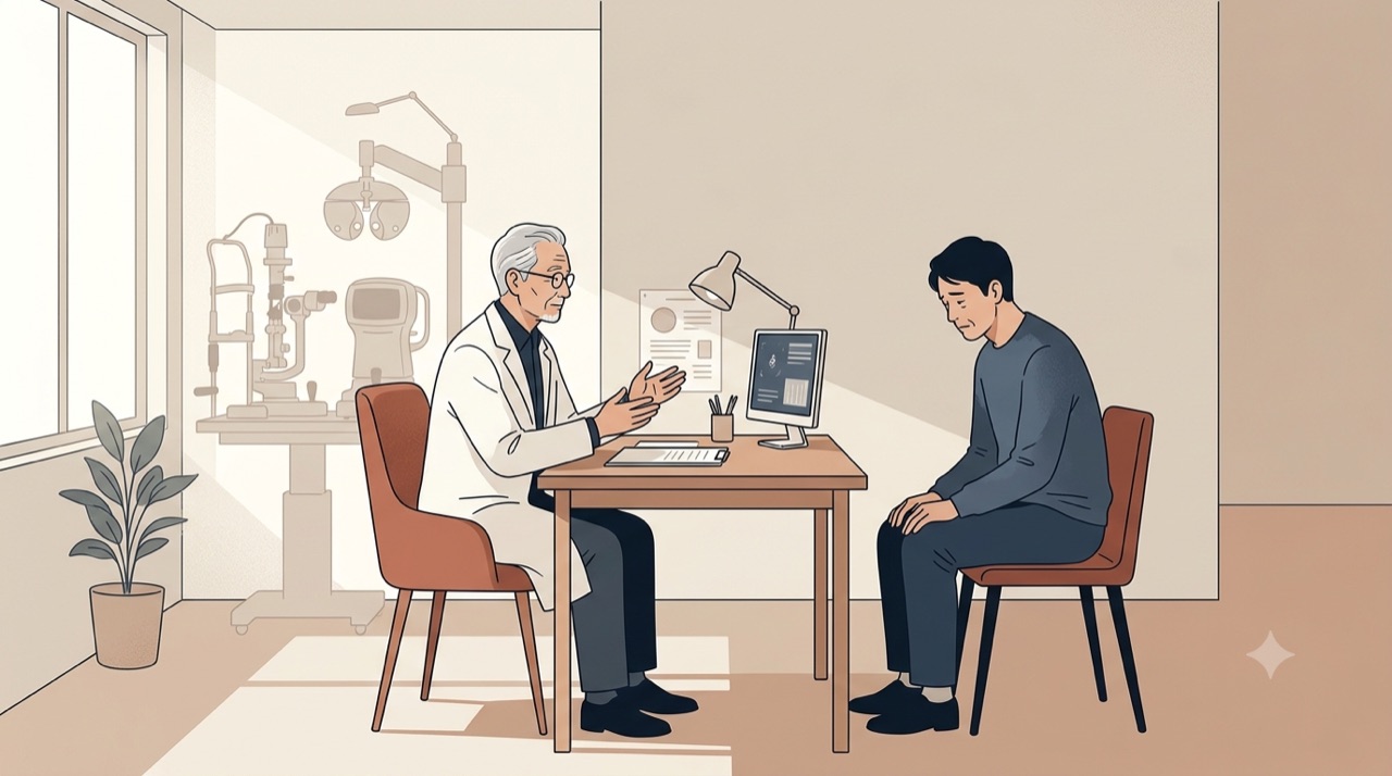 眼科の診察室で医師の説明を聞き、肩を落とす男性