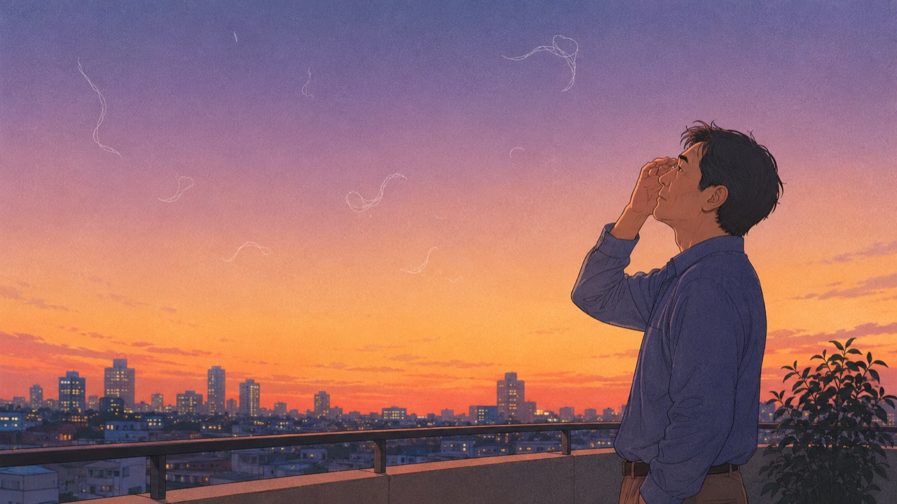 夕暮れのベランダで空を見上げる男性と、視界に漂う糸くずのような浮遊物