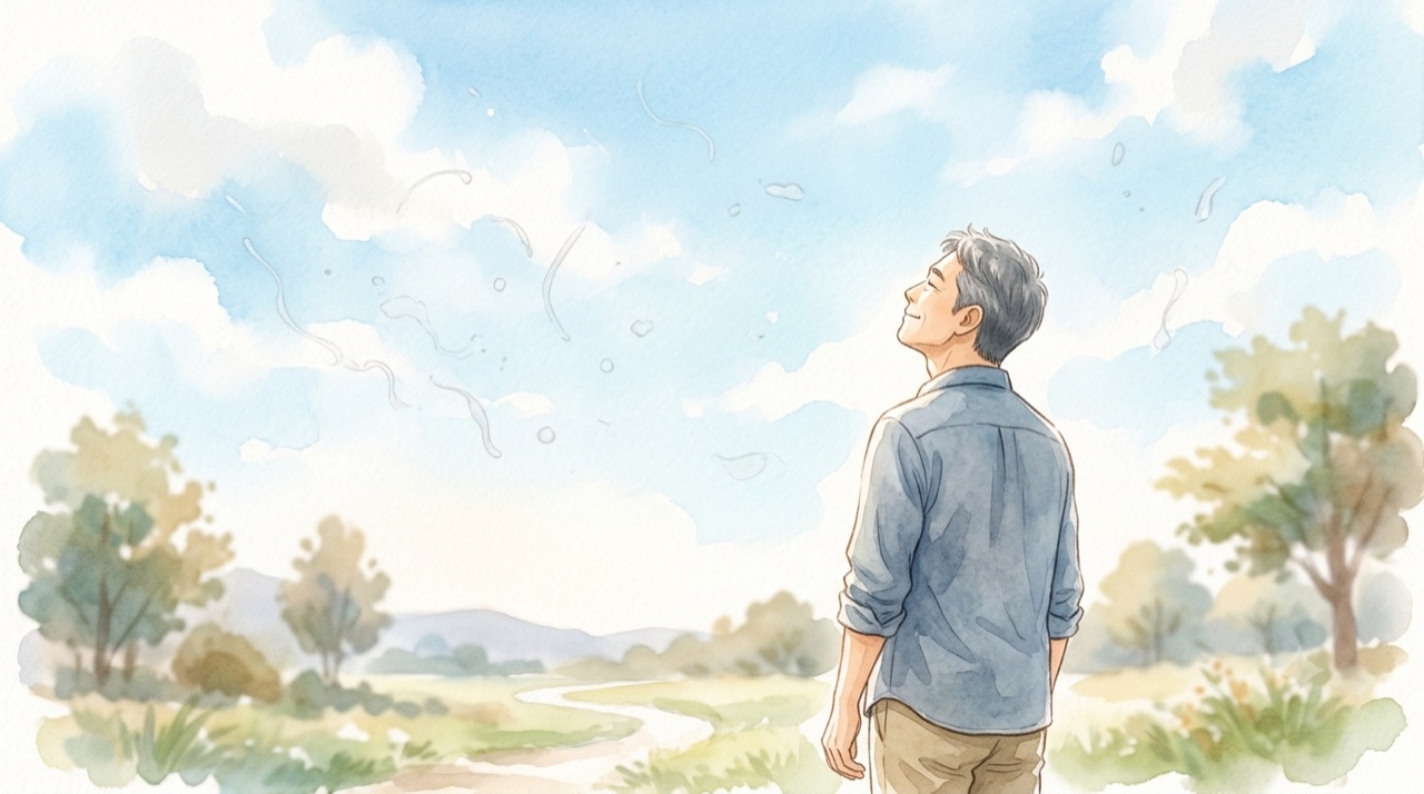 晴れた空を見上げる男性と、ゆっくり漂う糸くずのような浮遊物