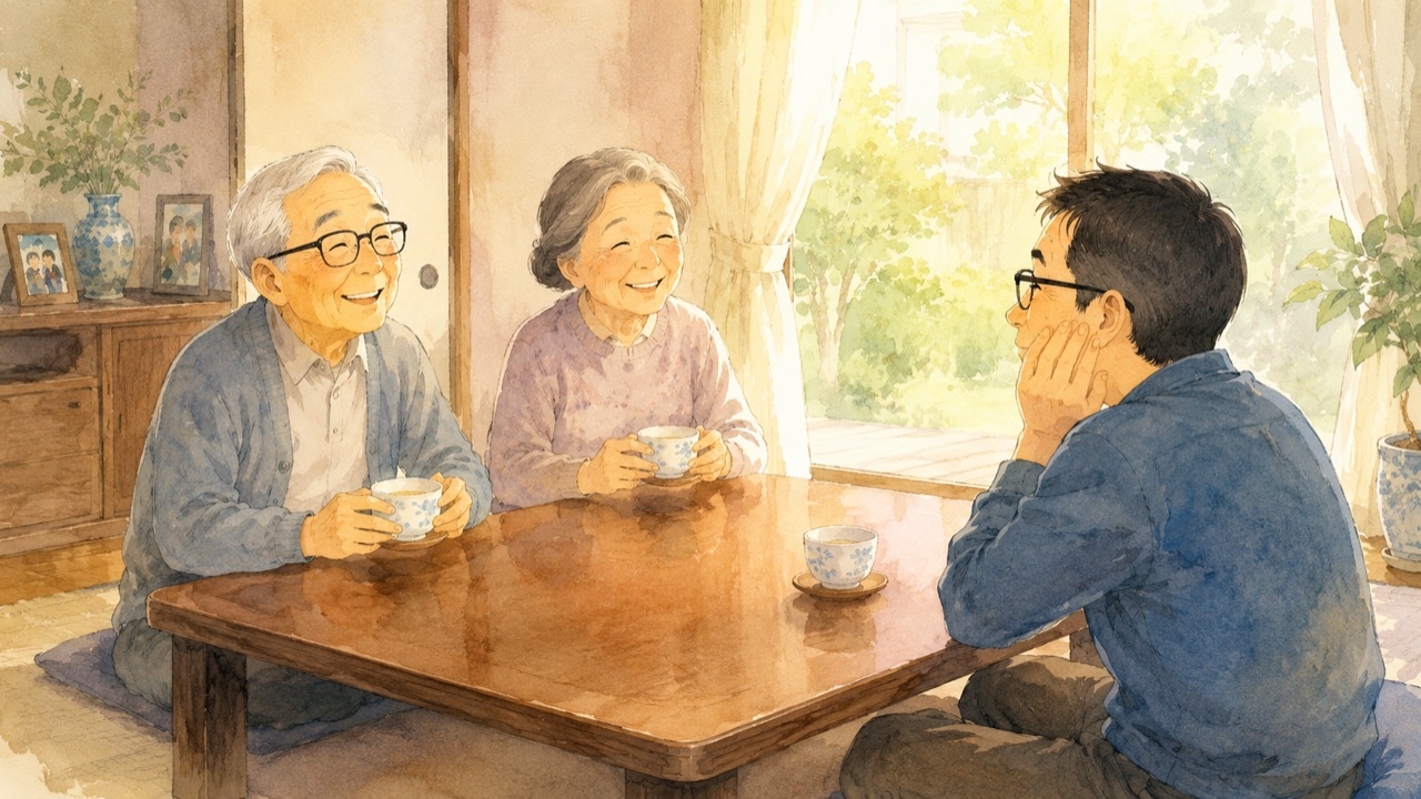 実家の居間で涼しげに話す両親と、拍子抜けした息子