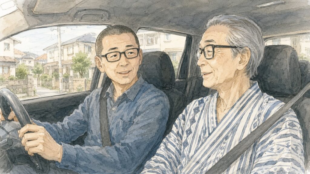 車内で穏やかに会話する息子と父の水彩イラスト