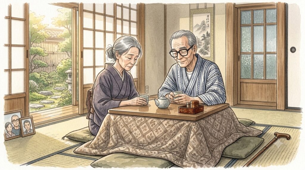 こたつの和室でうつむく母に寄り添う父の水彩イラスト