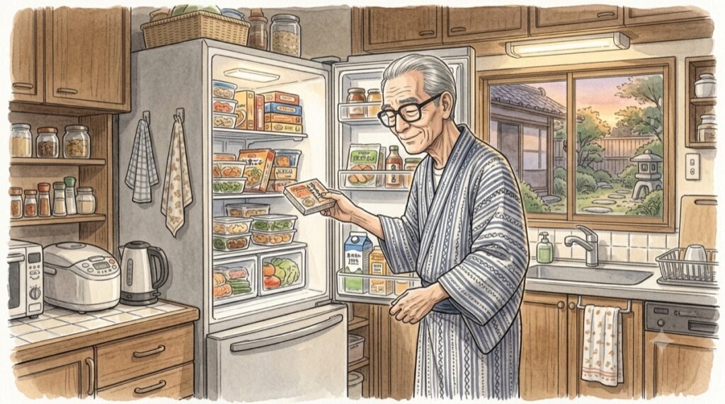 台所で冷蔵庫の中身を確認する父の水彩イラスト