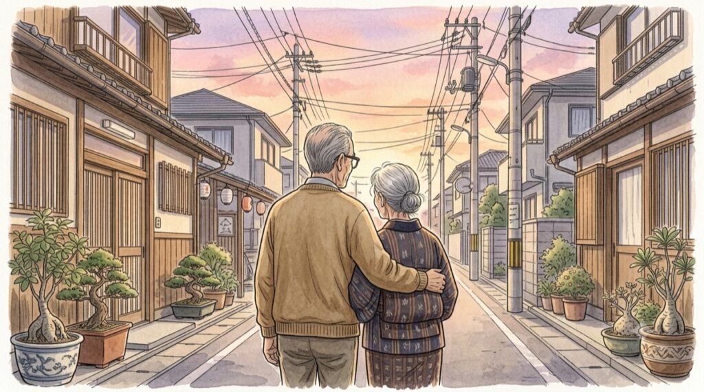 夕暮れの住宅街を寄り添って歩く老夫婦の後ろ姿の水彩イラスト