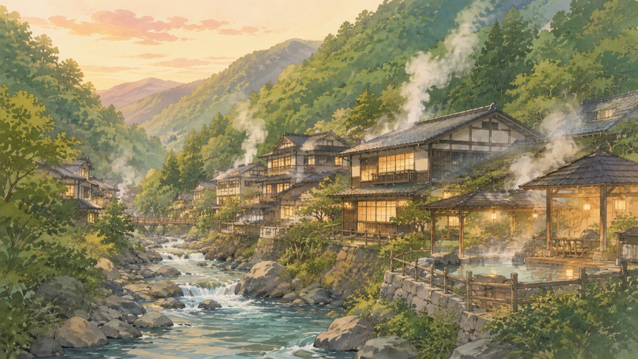 夕暮れの山あいに湯けむりが立ちのぼる温泉郷の風景