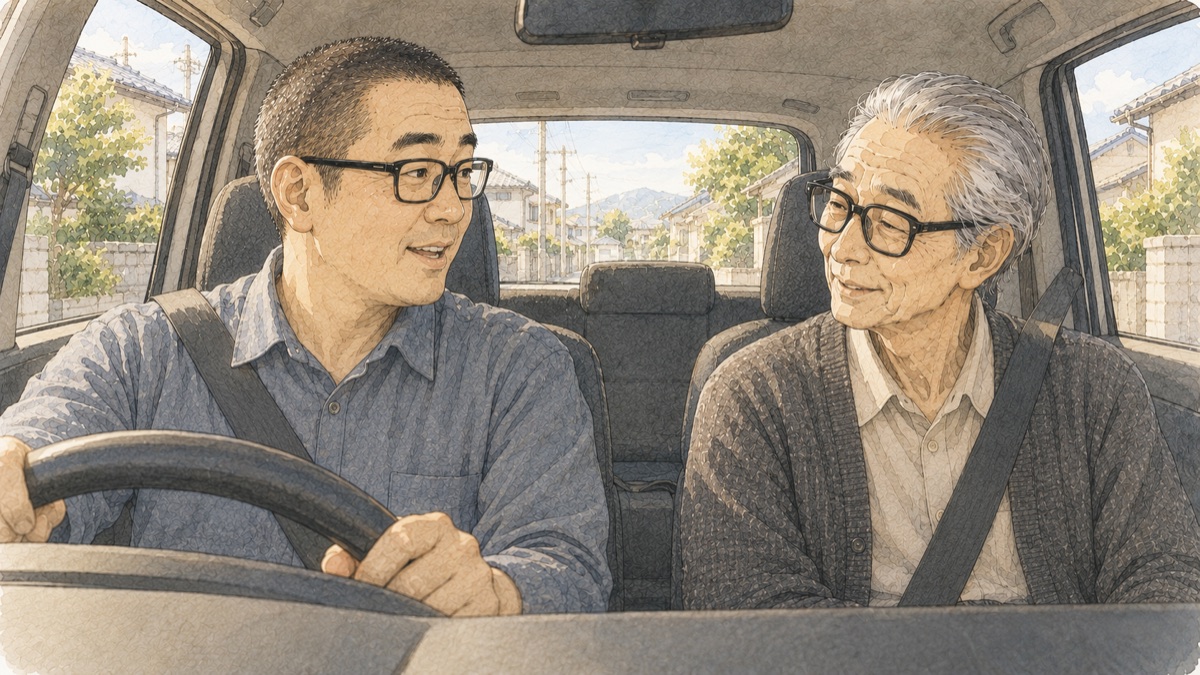 車内で穏やかに会話する息子と父の水彩イラスト