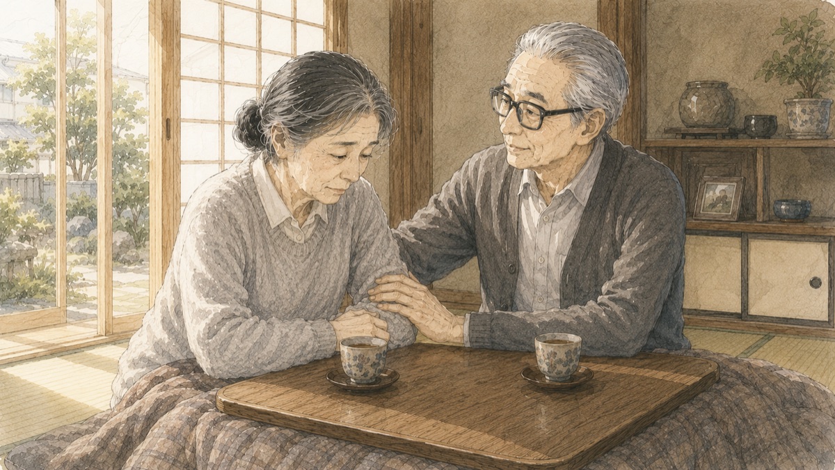 テーブルでうつむく母に寄り添う父の水彩イラスト