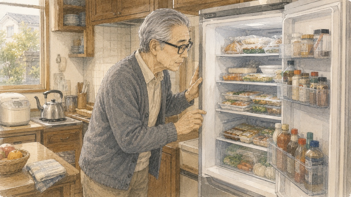台所で冷蔵庫の中身を確認する父の水彩イラスト