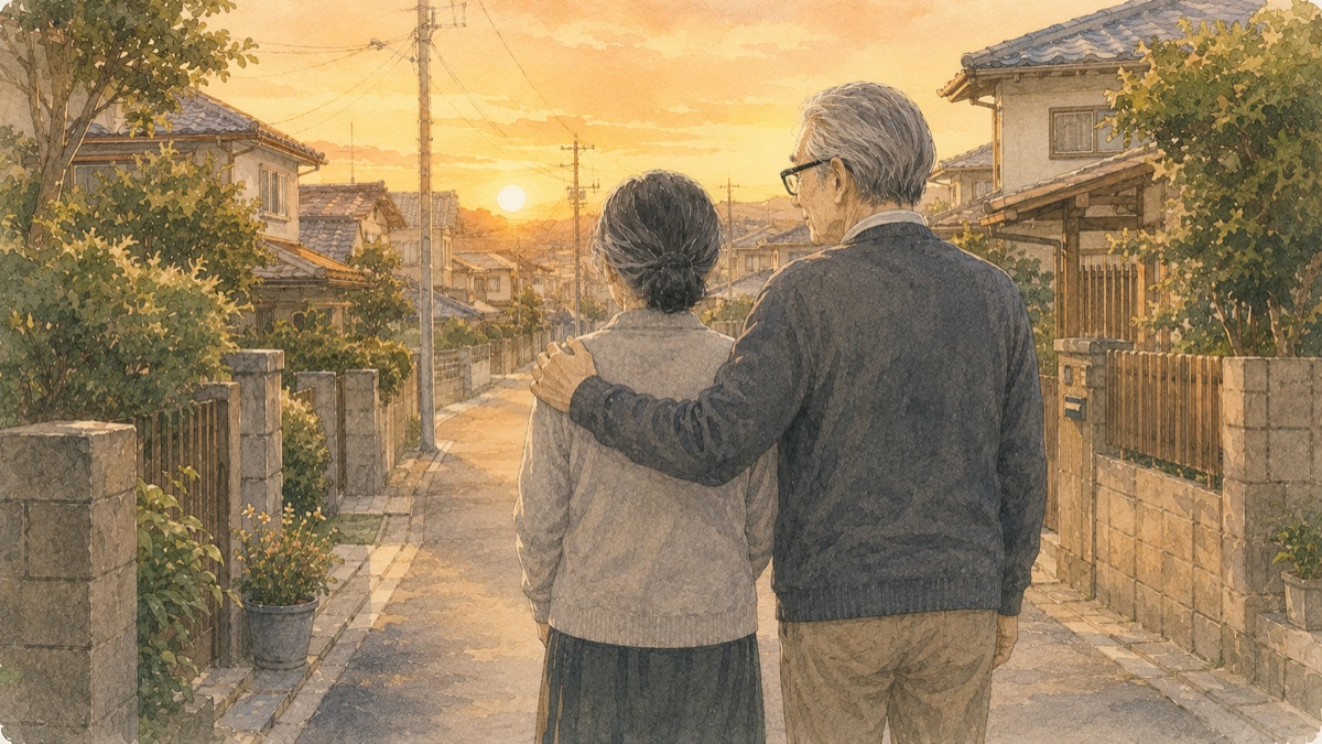 夕暮れの住宅街を寄り添って歩く父と母の後ろ姿の水彩イラスト