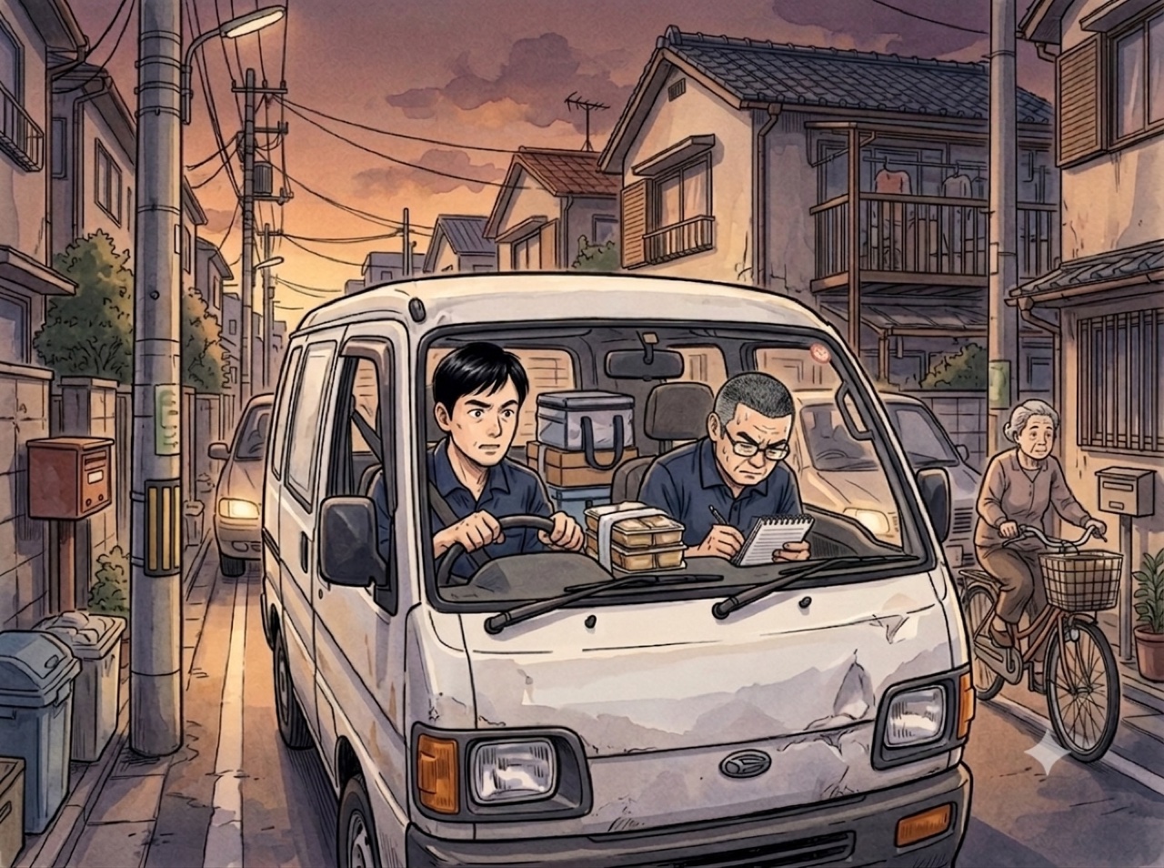 軽自動車で夕飯の弁当を配達しながらメモを取る世話人たち