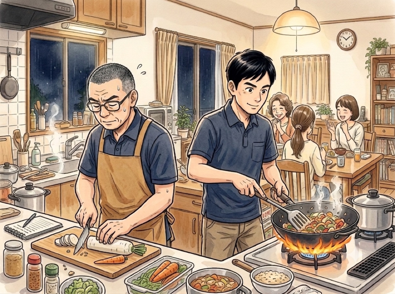 入居者の会話を聞きながら並行して夕食準備をする世話人たち