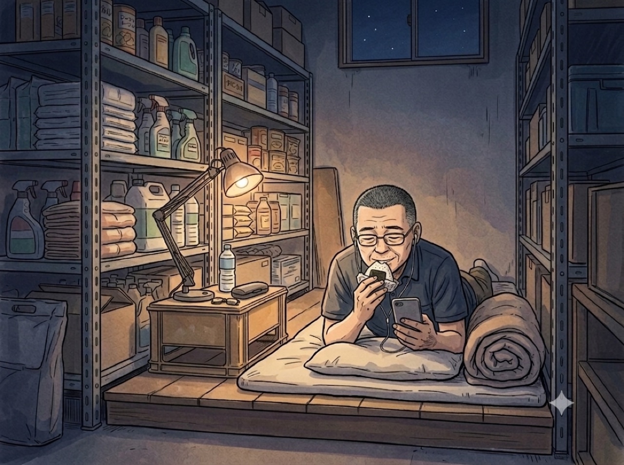 倉庫兼仮眠室でおにぎりを食べながらスマホを見る世話人