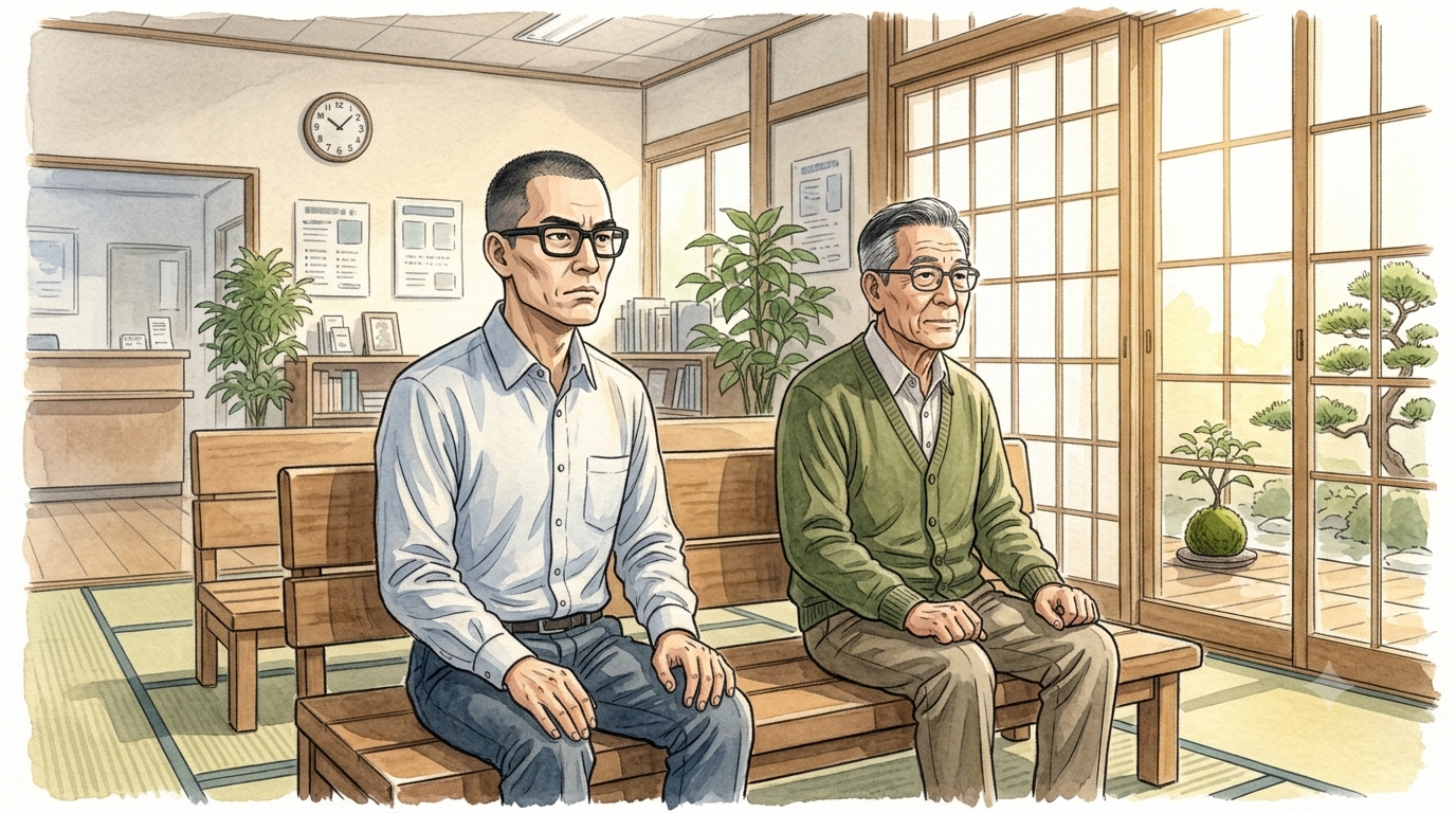 眼科の待合室で並んで座る父と息子の水彩イラスト