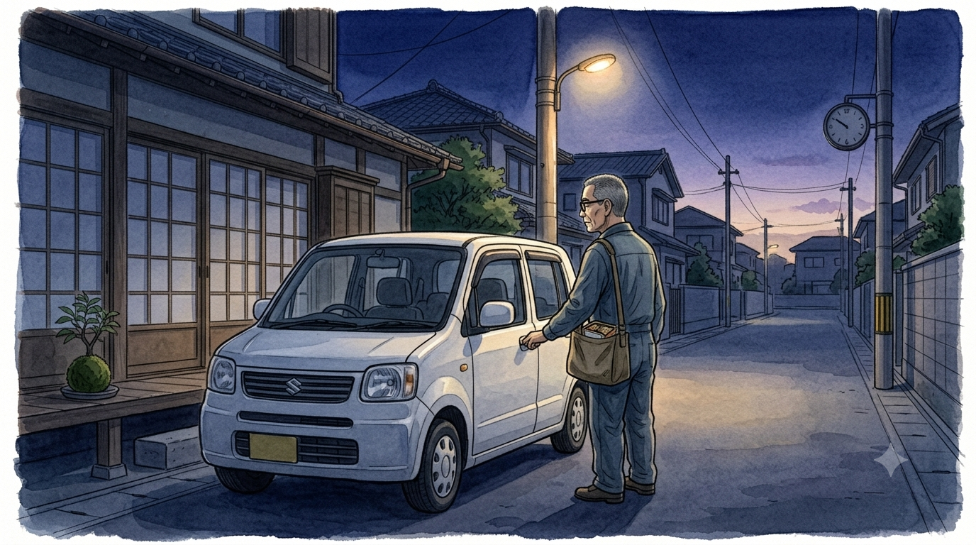 夜明け前の住宅街で軽自動車に乗り込む父の水彩イラスト