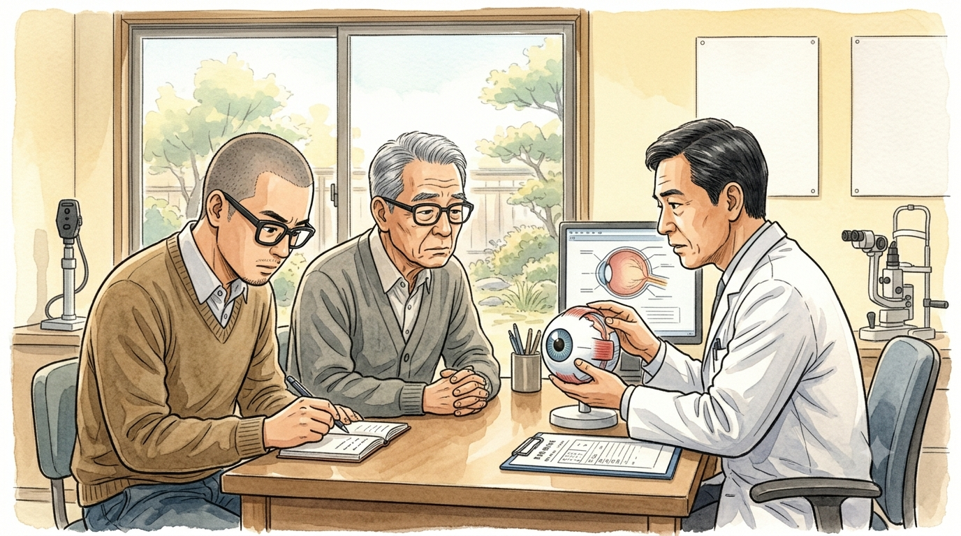 眼科の診察室で眼球模型を使った説明を受ける父と息子の水彩イラスト
