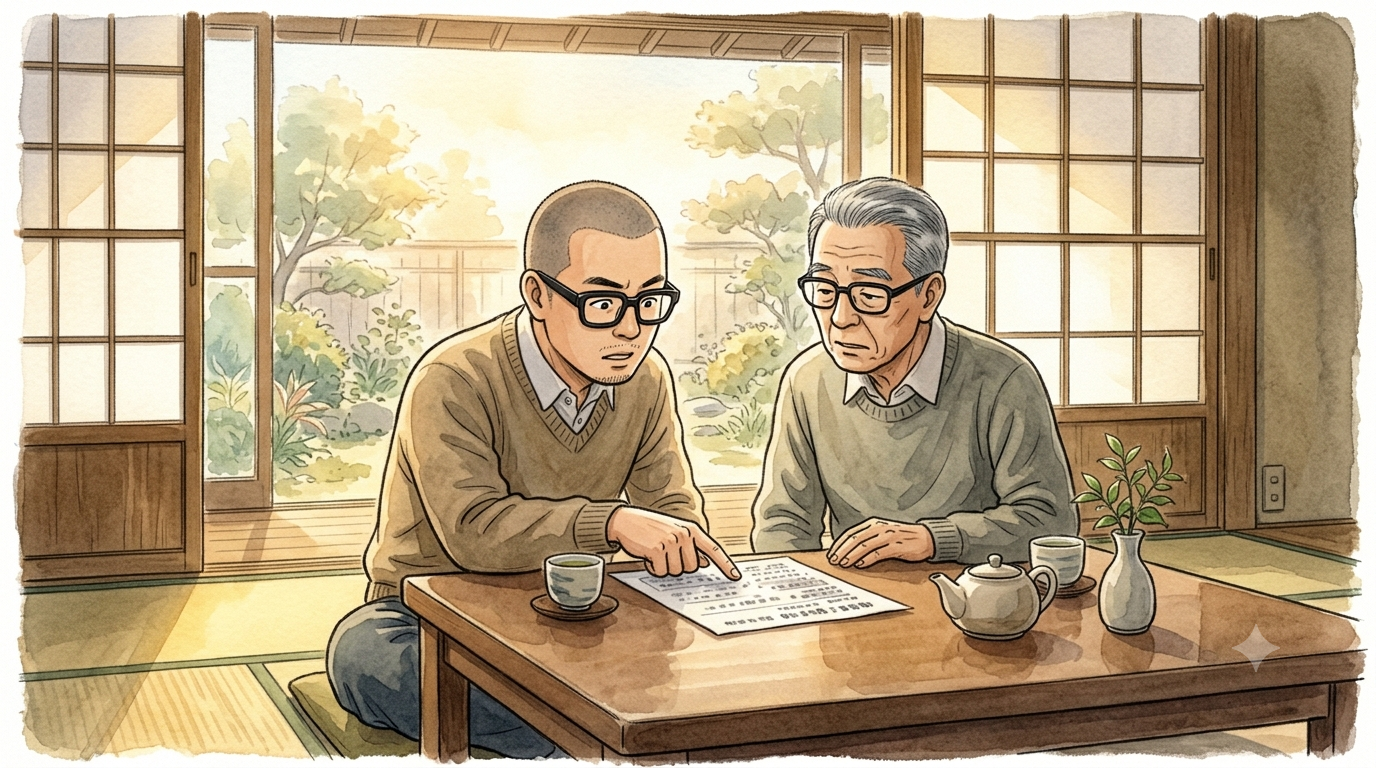 茶の間で健康診断の結果をのぞき込む父と息子の水彩イラスト