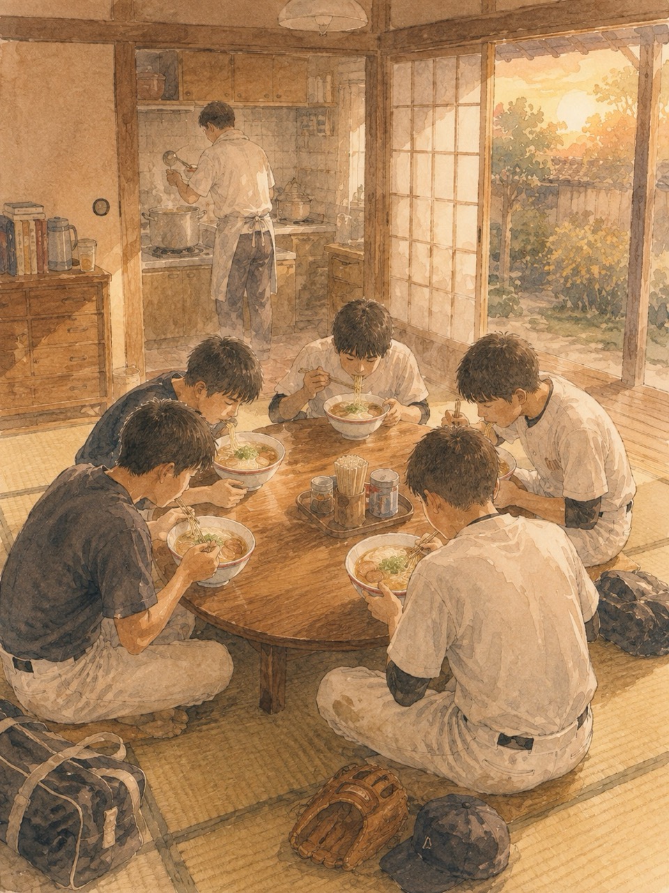 高校野球部の仲間が畳の座敷でラーメンを食べている水彩イラスト