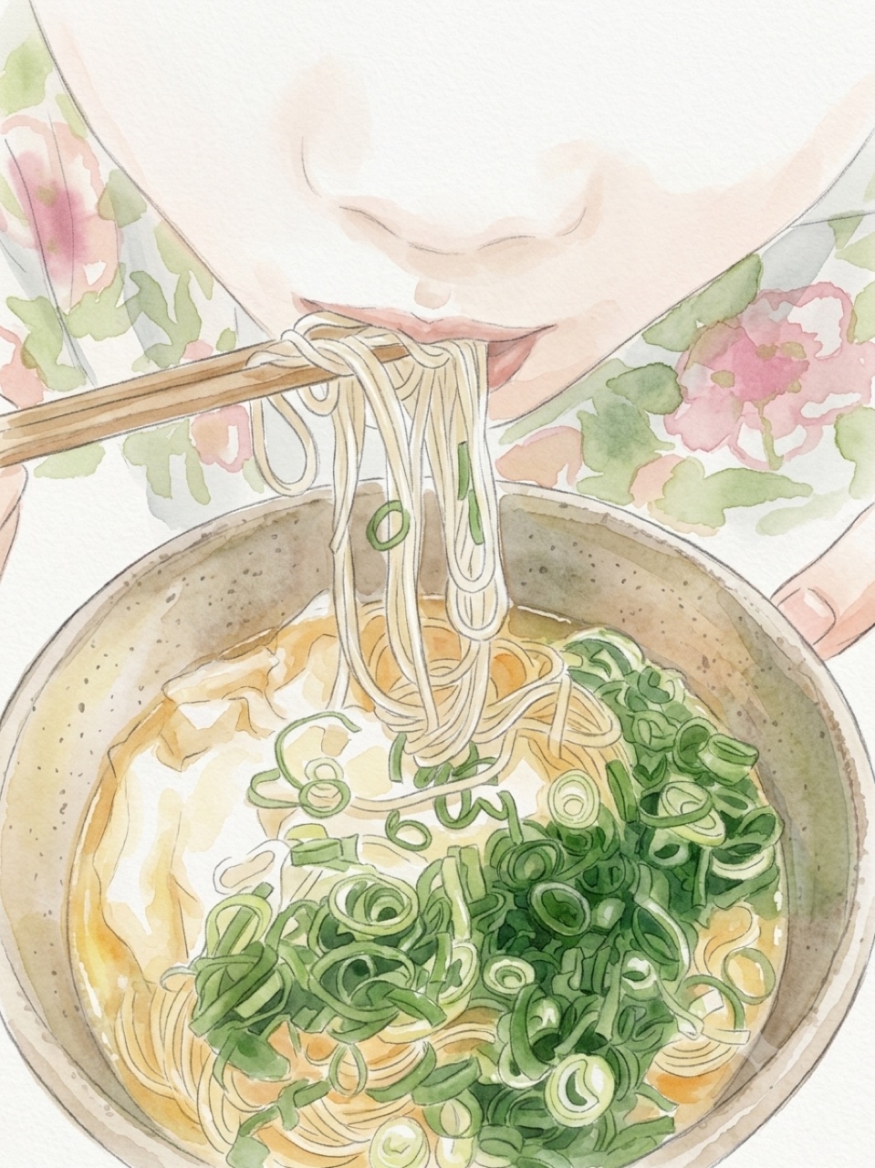 青ねぎをたっぷりのせた棒ラーメンを箸ですすろうとする場面の水彩イラスト