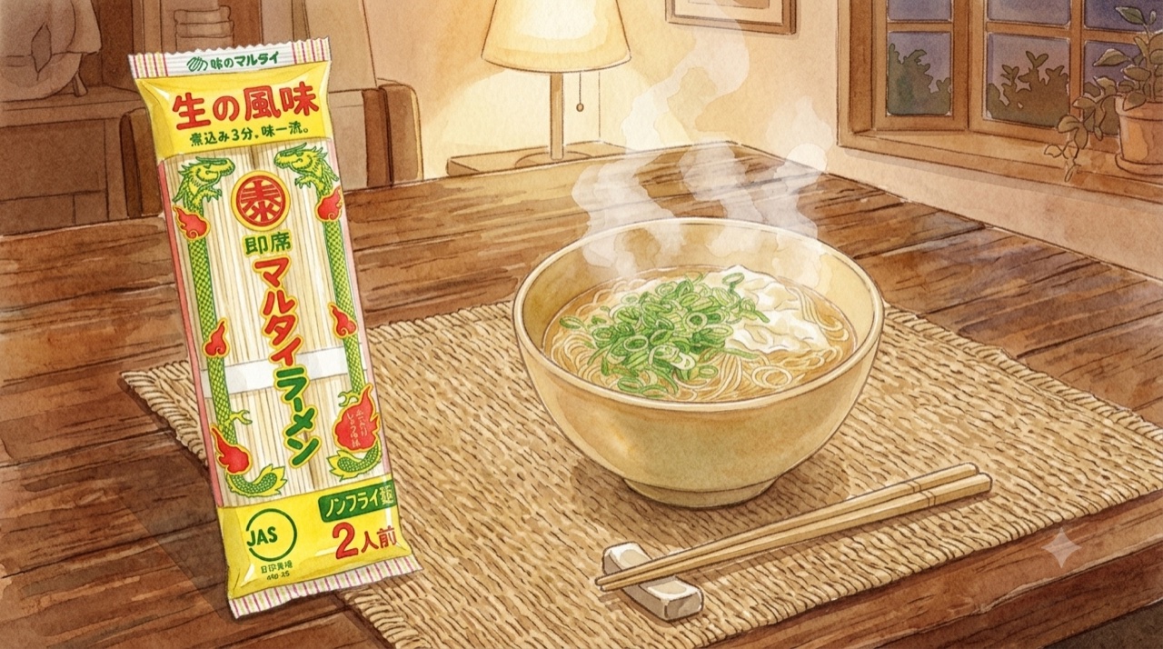 マルタイ棒ラーメンの袋と、湯気の立つラーメンの丼が並ぶ食卓の水彩イラスト