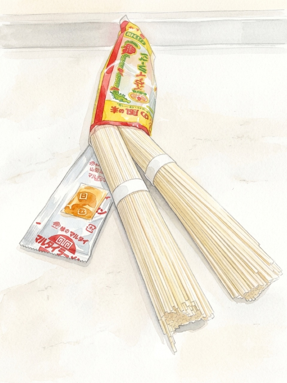 袋から出したまっすぐな棒状の乾麺2束とスープの小袋の水彩イラスト