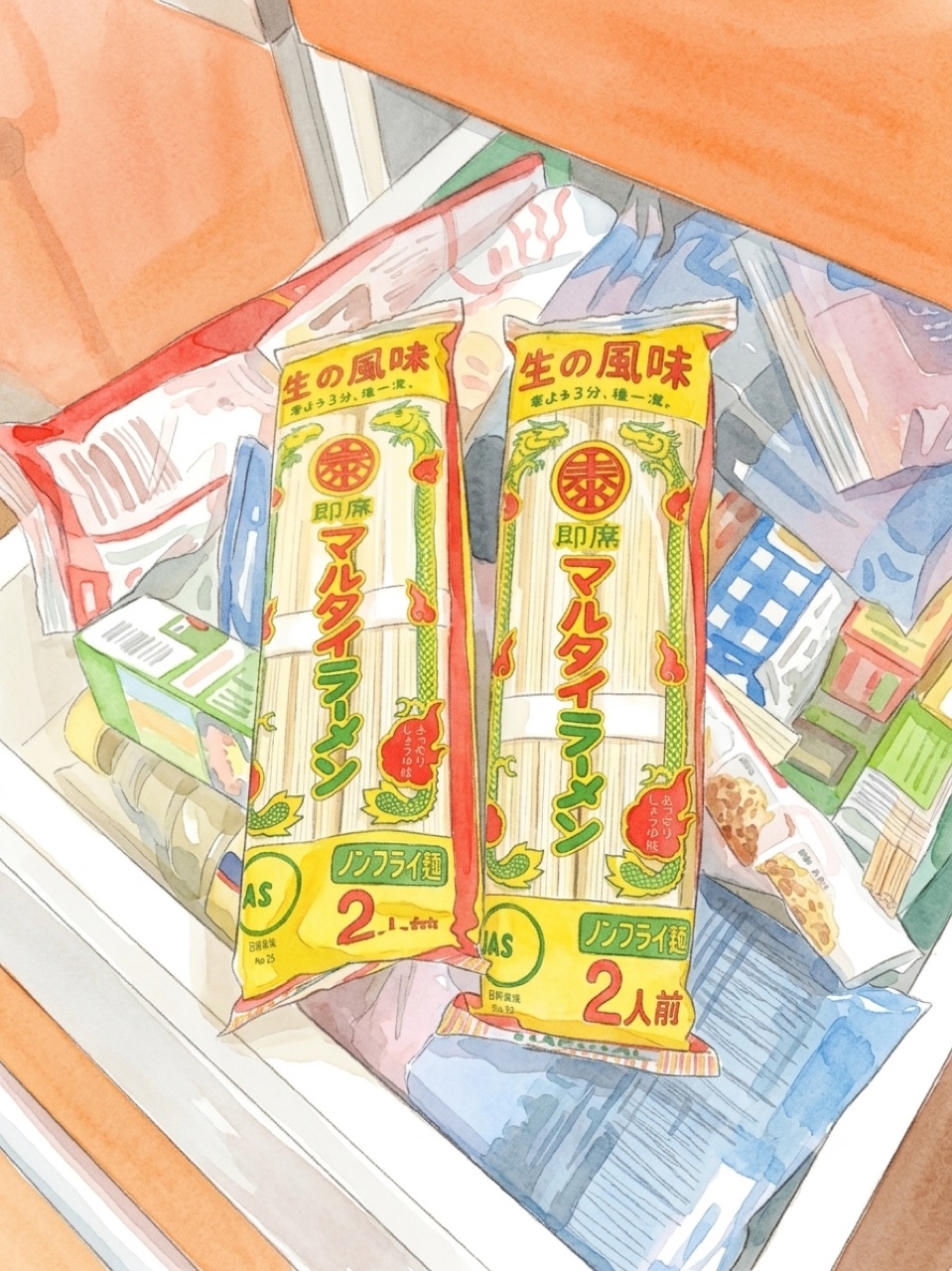 台所の引き出しに常備されたマルタイ棒ラーメン2袋の水彩イラスト