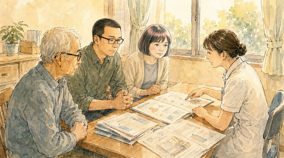病院の面談室で入院前説明を受ける父と息子夫婦、説明する看護師の水彩イラスト