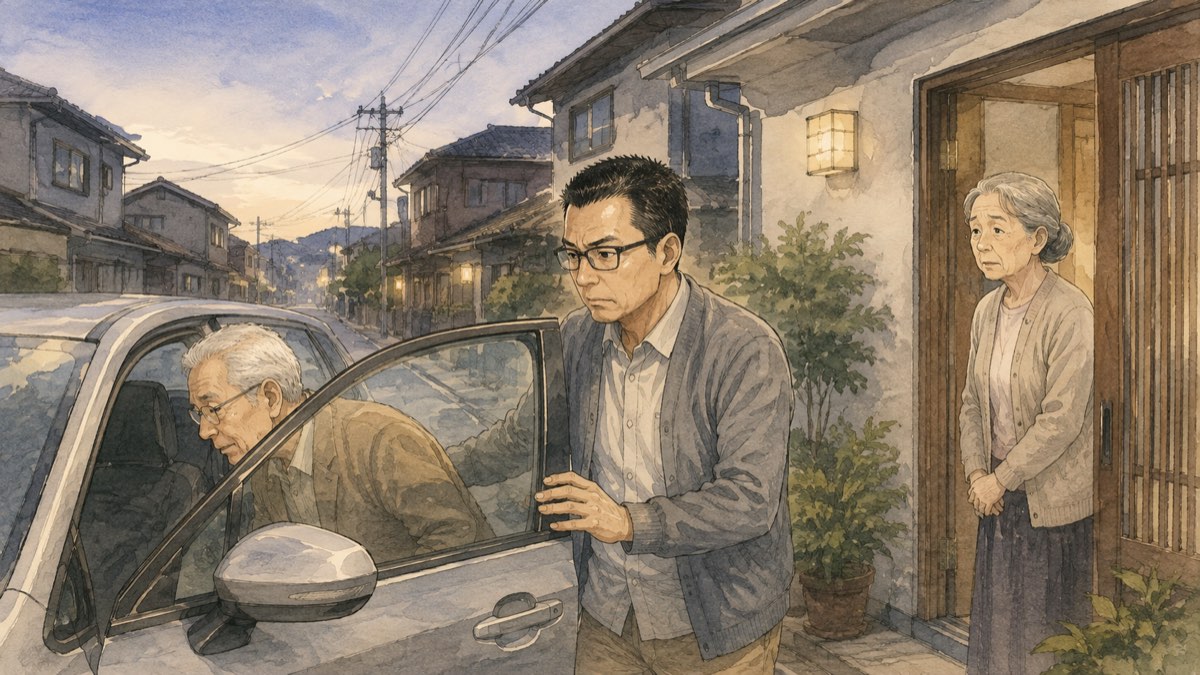 夜明けの実家前で車に乗り込む父と、見送る母、付き添う息子の水彩イラスト