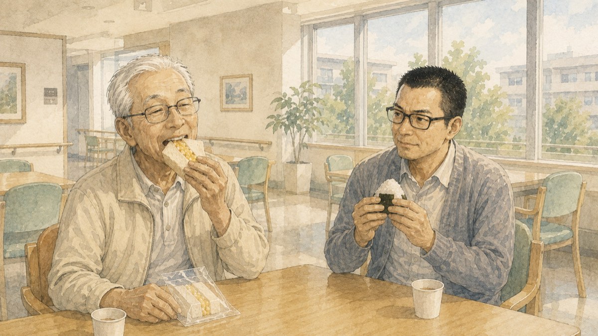 病棟のデイルームでたまごサンドを食べる父と、おにぎりを食べる息子の水彩イラスト