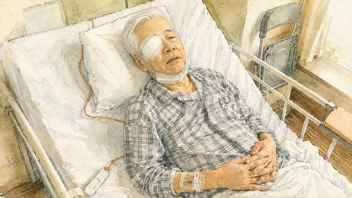 右眼にガーゼをあてて点滴につながれ、病室のベッドで休む術後の父の水彩イラスト