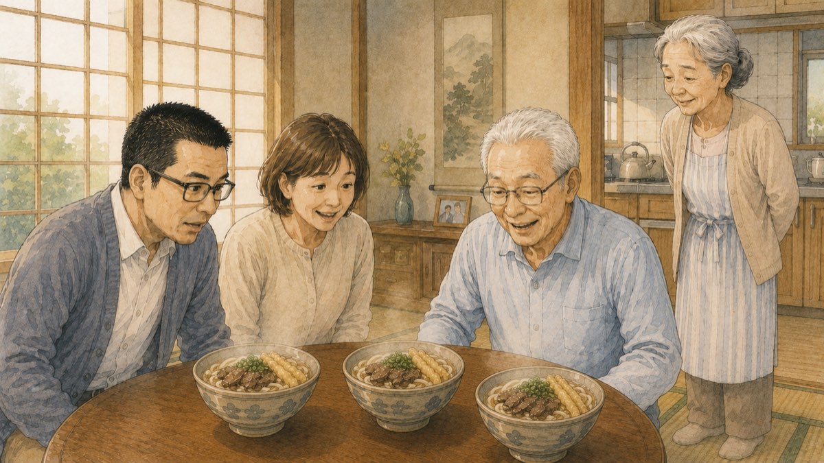 退院後の実家の食卓に並んだ肉ごぼう天うどんを囲む家族の水彩イラスト