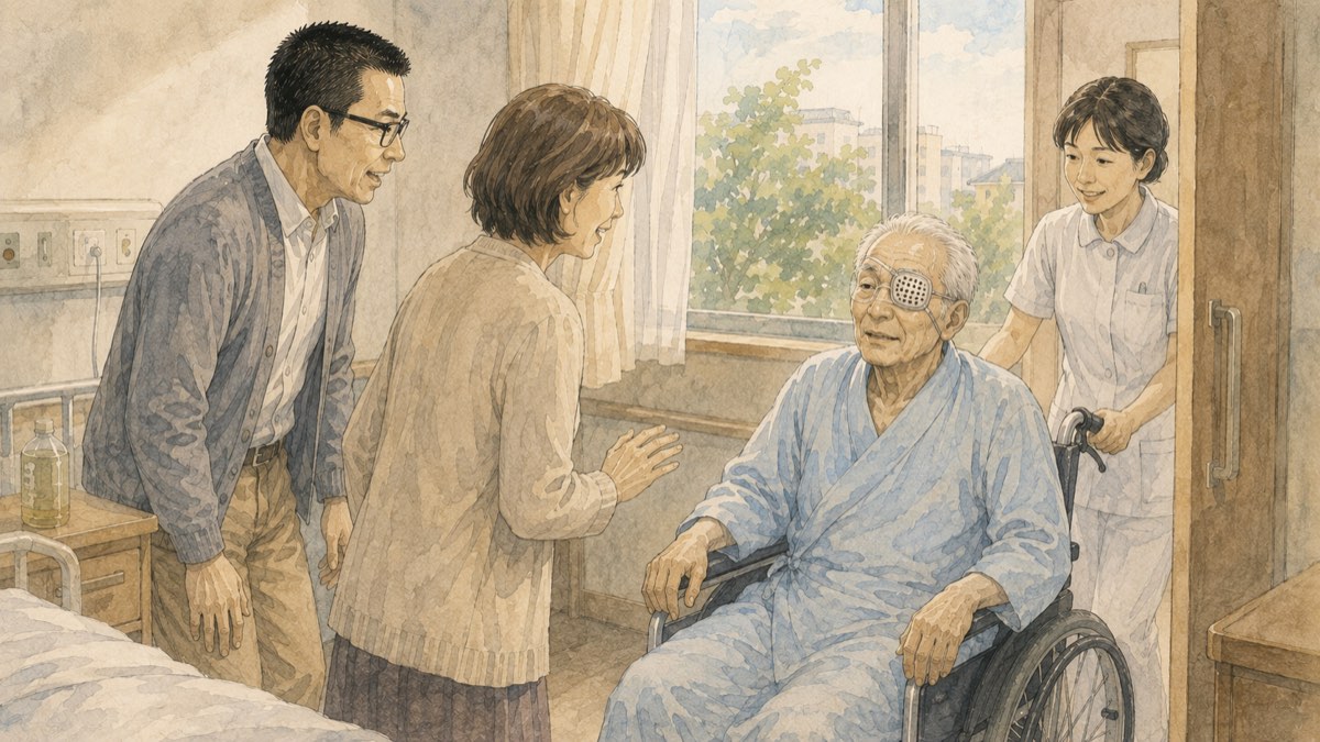 手術を終え車椅子で病室に戻ってきた眼帯姿の父を迎える息子夫婦の水彩イラスト