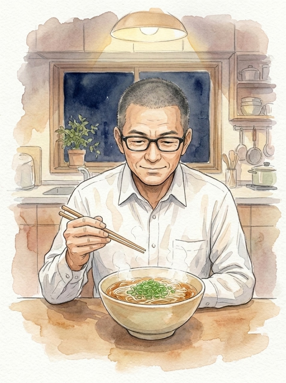 夜の台所でネギをのせた棒ラーメンを食べる男性の水彩イラスト