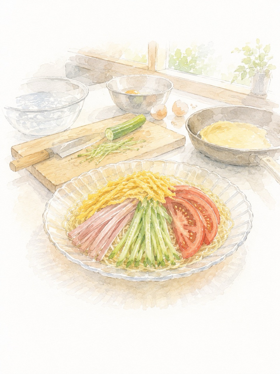 棒ラーメンで作った冷やし中華と台所の調理風景の水彩イラスト