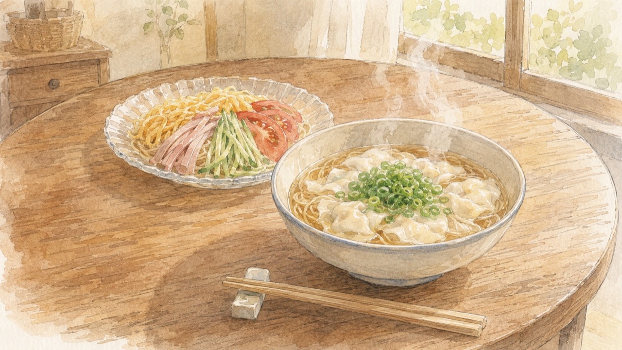 丸いちゃぶ台に並んだ棒ラーメンのワンタンメンと冷やし中華の水彩イラスト