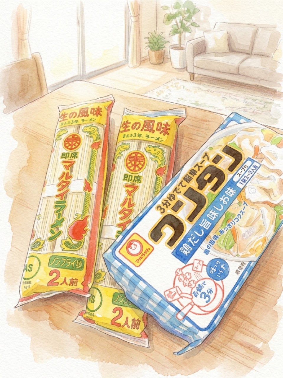 マルタイ棒ラーメン2袋とマルちゃんワンタンの袋の水彩イラスト
