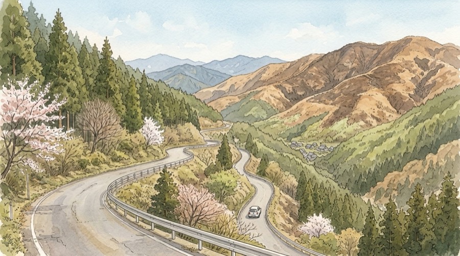 早春の山あいをくねくねと下る細い峠道