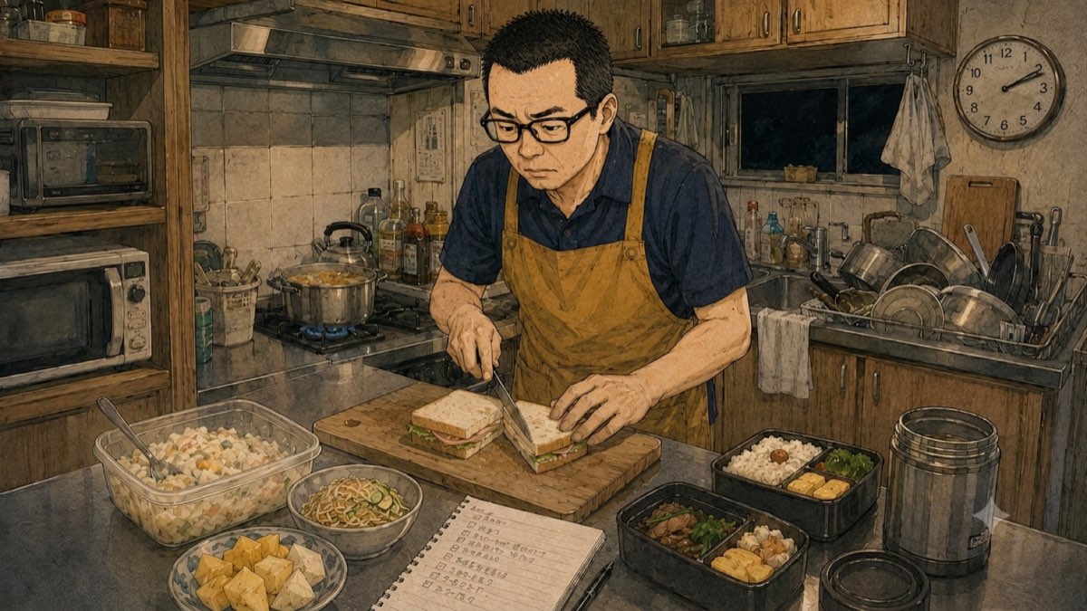 夜のキッチンでサンドイッチを切り分け、別ホーム用の弁当箱に朝食を詰める夜勤スタッフ