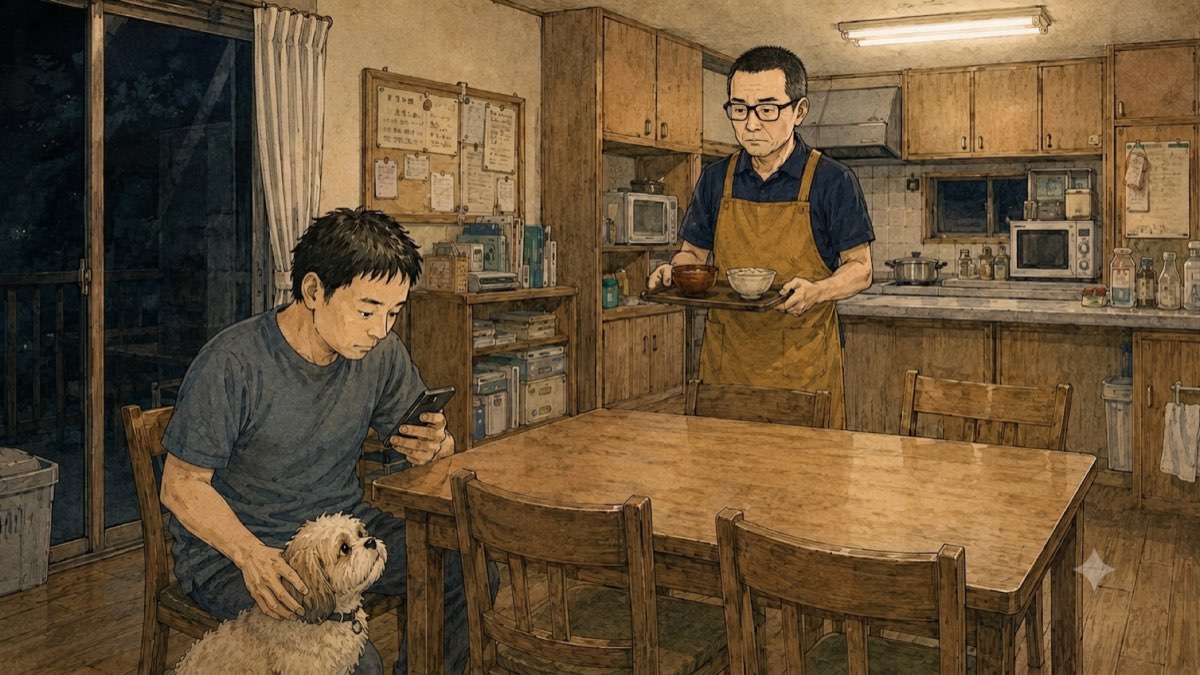 グループホームの食堂で入居者に夕食のお盆を運ぶエプロン姿の夜勤スタッフ