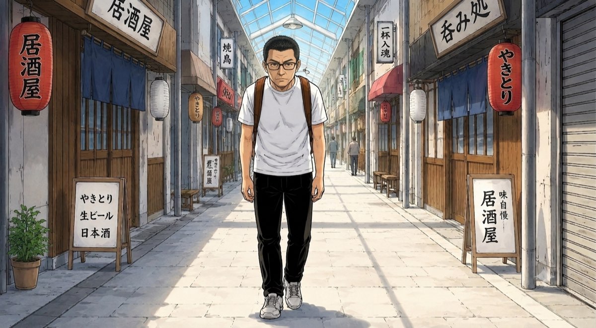 夜勤を終えた朝、リュックを背負って商店街のアーケードをうつむき加減で歩く50代の男性