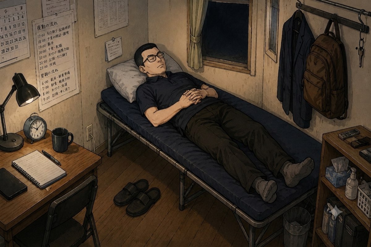 グループホームの仮眠室で簡易ベッドに横になり、浅い眠りにつく50代の夜勤スタッフ