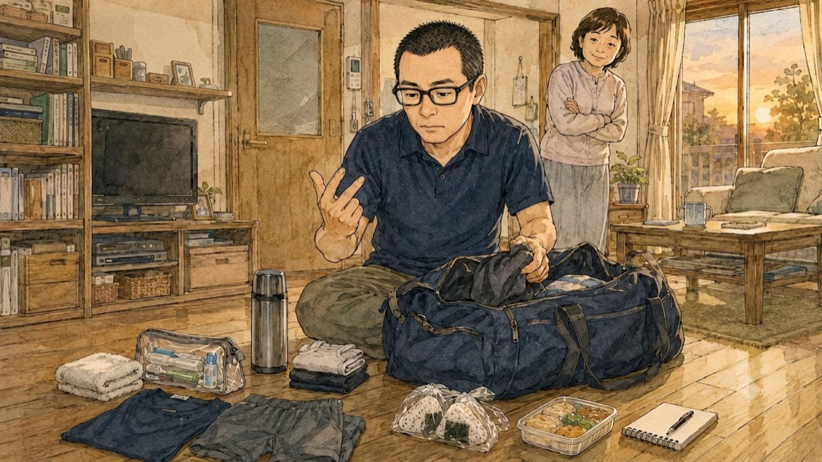 初めての夜勤に備えて着替えや水筒、夜食を大きなバッグに詰める50代の男性スタッフ