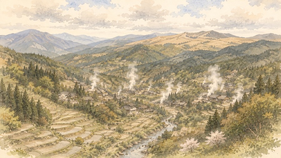 谷あいの集落から湯けむりが立ちのぼる大分の山あいの風景