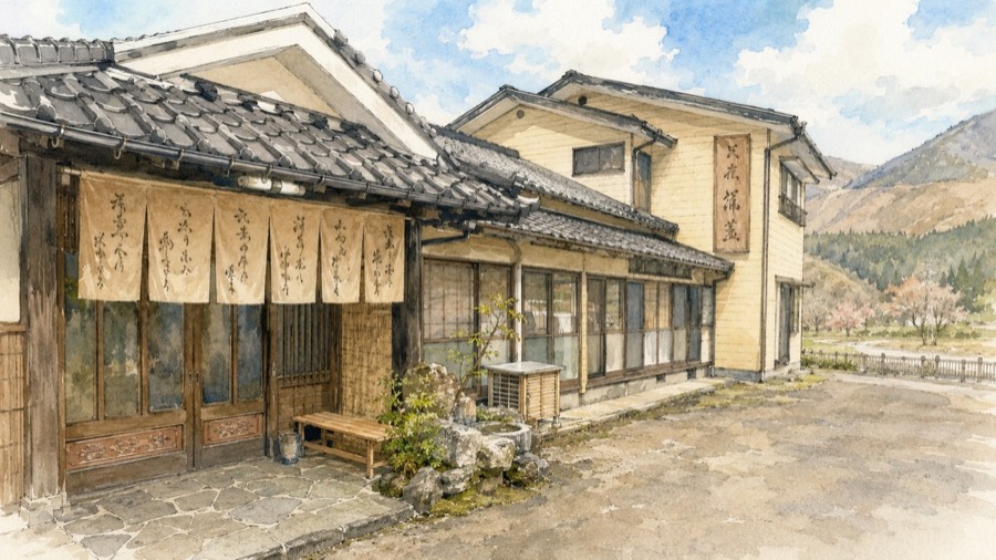 暖簾の掛かった民宿 涌蓋の玄関と黄色い外壁の建物