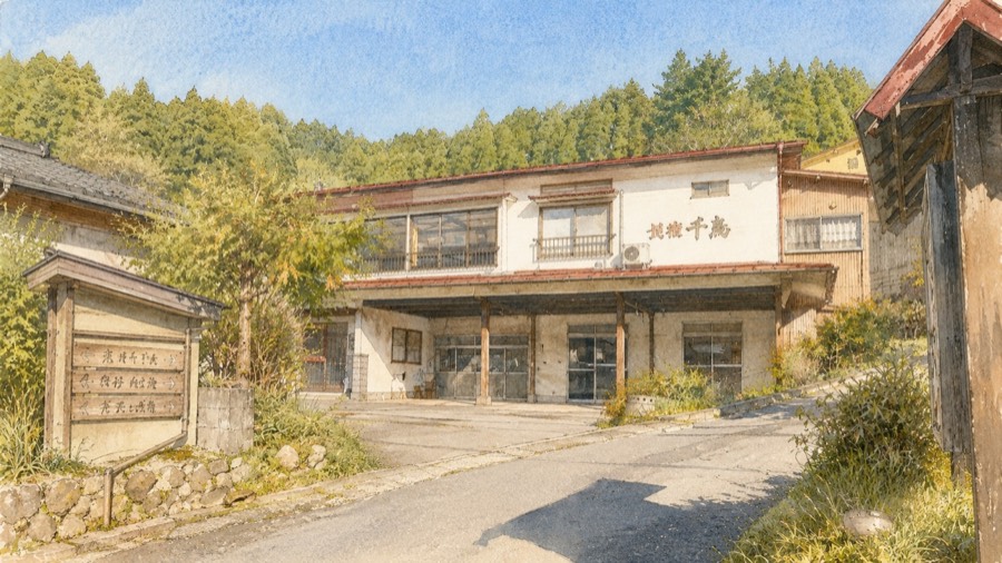 木の案内看板が立つ湯坪温泉の民宿村の坂道