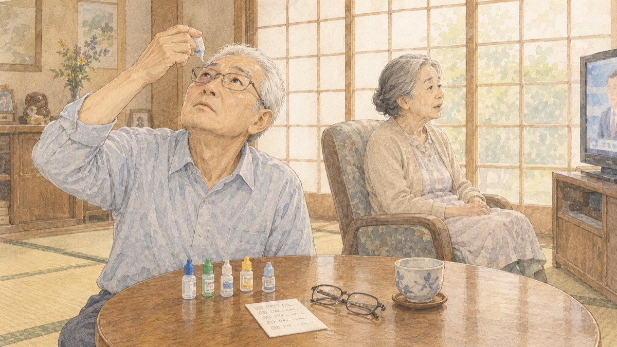 自宅で5種類の目薬をさす父と、後ろで座る母